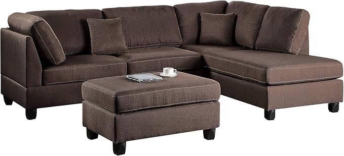 Poundex Bobkona Dervon Linen-Like Left or Right Hand Chaise Sectional with Ottoman Set Chocolate