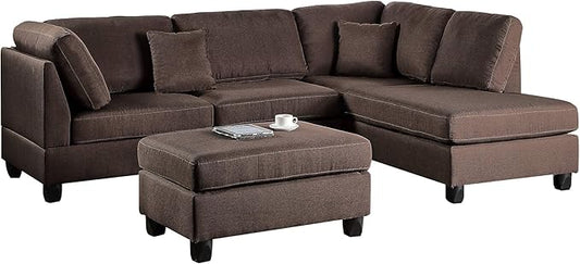 Poundex Bobkona Dervon Linen-Like Left or Right Hand Chaise Sectional with Ottoman Set Chocolate