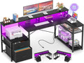 Aheaplus L Shaped Desk with File Drawer Reversible L Shaped Computer Desk Gaming Desk with Power Outlet &amp LED Strip Home Office Desk with Monitor Shelf Corner Desk with Storage Shelves Black