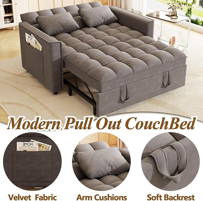 3 in 1 Convertible Sleeper Sofa Bed 52'' Velvet Pull Out Couch Bed with Comfy Pillows &amp Adjustable Backrest/Side PocketsFuton Loveseat Sleeper Sofa for Small Spaces Living Room Bedroom (Dark Gre