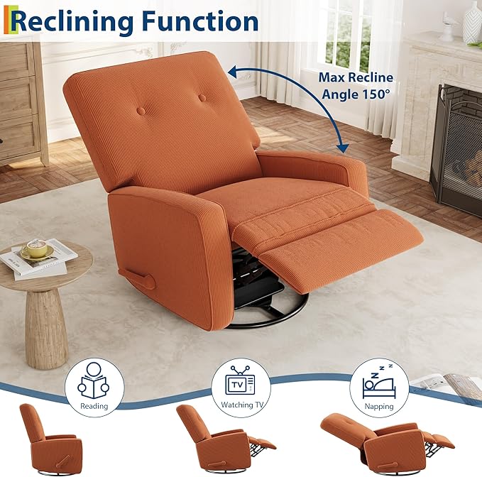 GarveeHome Recliner Chairs Swivel Rocker Recliner Glider Recliner Nursery Chair for Adults 360° Swivel Glider Rocking Chair for Living Room Bedroom Office RV Small Spaces Corduroy Orange