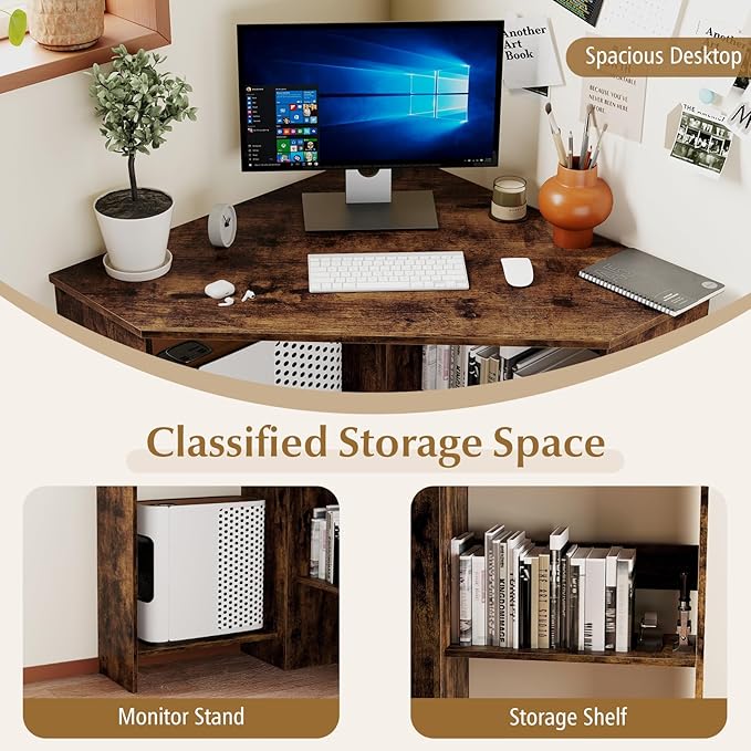 NAFORT Triangular Corner Desk with Storage Shelves and Cable Holes Space Saving Writing Desk Multi Functional Workstation for Home Office Bedroom PC Laptop Computer Table Brown