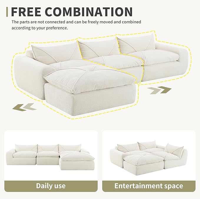 116 Modular Sectional Sofa with OttomanCloud Sectional CouchNo Assembly RequiredModern Modular L-Shape SofaBoucle FabricBoneless Upholstered Couches for Living Room BedroomSoft Cream White