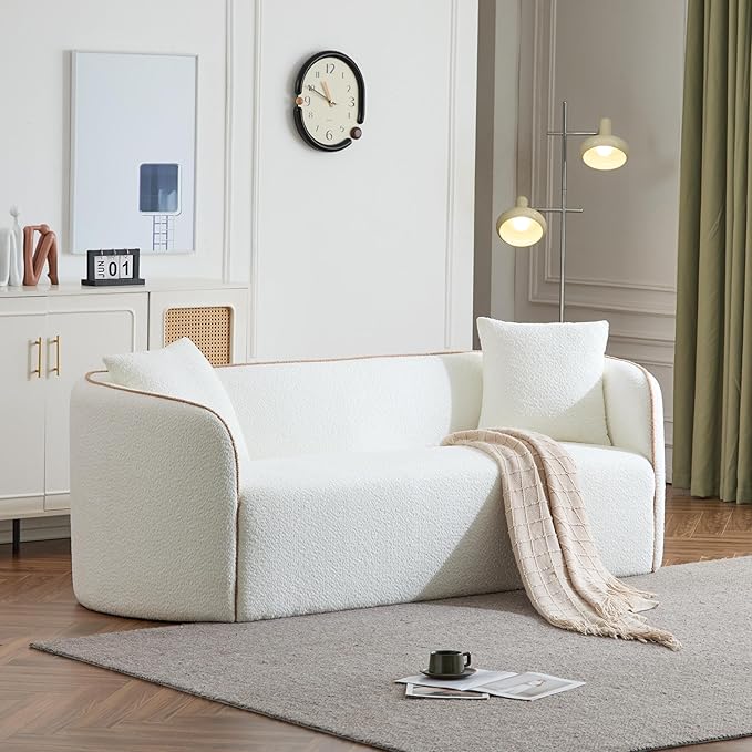 Merax 82 Boucle Curved Sofa 3-Seater Sofa Couch with 2 Pillows for Living Rooms Bedrooms Apartment Office Comfortable Thickened Seat Cushion Bear 900lbs White