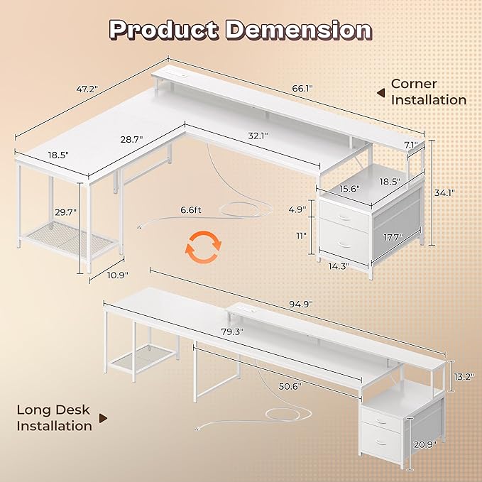 PRAISUN 66 L Shaped Gaming Desk with LED Lights &amp Power Outlets Computer Desk with Fabric Drawers and Print Stand Corner Office Desk Monitor Stand Mesh CPU Stand White