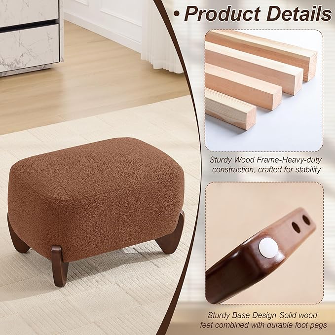 28.7 Sherpa Boucle Ottoman with Solid Wood Legs Modern Upholstered Footstool Comfy Ottoman for Living Room Bedroom Caramel