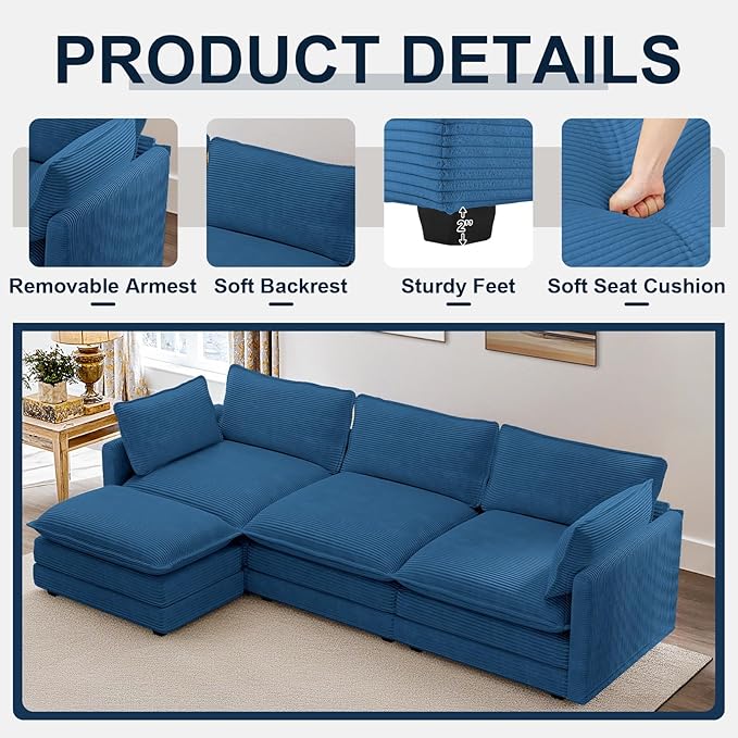 112 L Shaped Couch Modern Modular Sectional Sofa with Movable Ottoman 4-Seater Comfy Cloud Couch with Corduroy Deep Seat and Pillow for Living Room Bedroom and Apartment Blue