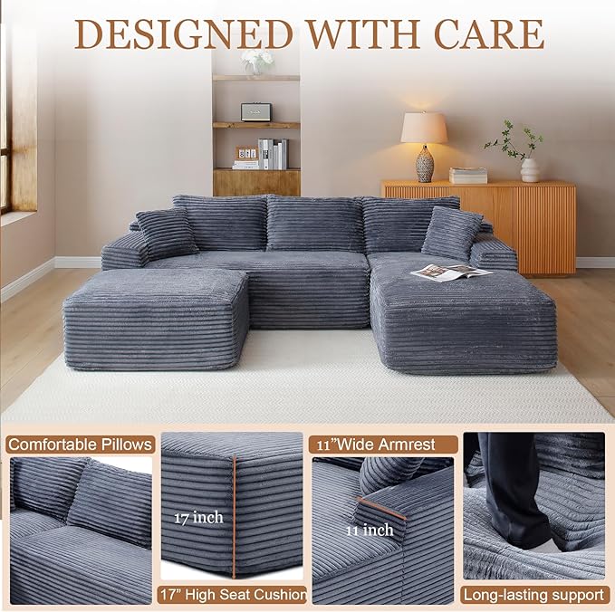 108 Cloud Modular Sectional Couch with Moveable Ottoman Modern Minimalist Upholstered Boneless Couch Deep Seat Corduroy Corner Couches (Gray Right Facing Chaise + Ottoman)
