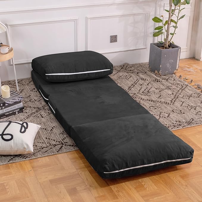 tantohom Floor Sofa Bean Bag Bed Foam Filling Fold Full Floor Mattress with Washable Soft Faux Fur Cover Floor Couch for Bedroom Living Room (Black Small)