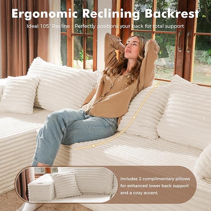 ELUCHANG 108” Modular Sectional Sofa Comfy Cloud Couch with Deep Seat Modern L-Shape Sofa with Chaise Upholstered Boneless Couch for Living Room Bedroom No Assembly Required Corduroy Beige