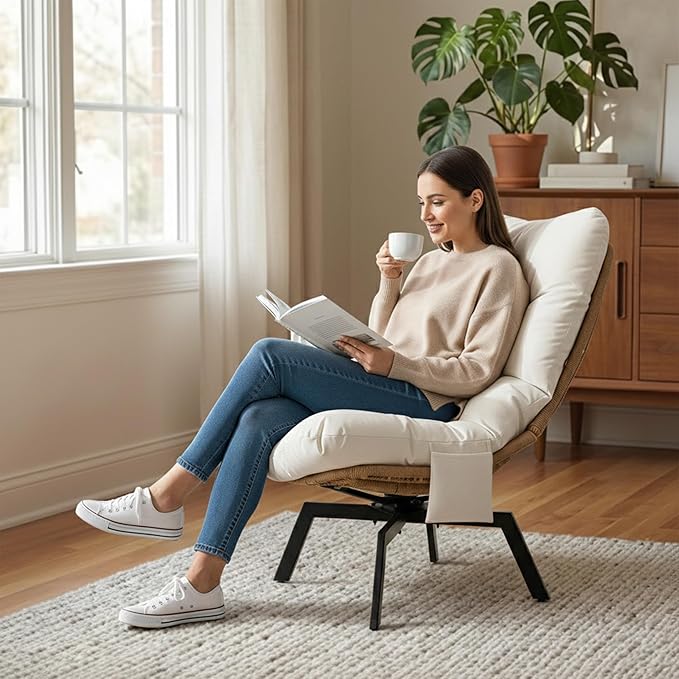 JAMFLY Accent Chair Modern Wicker Swivel Living Room Chairs with Oversized Seat &amp Cushion Papasan Chair Metal Frame Phone Pocket for Bedroom Study Balcony Beige