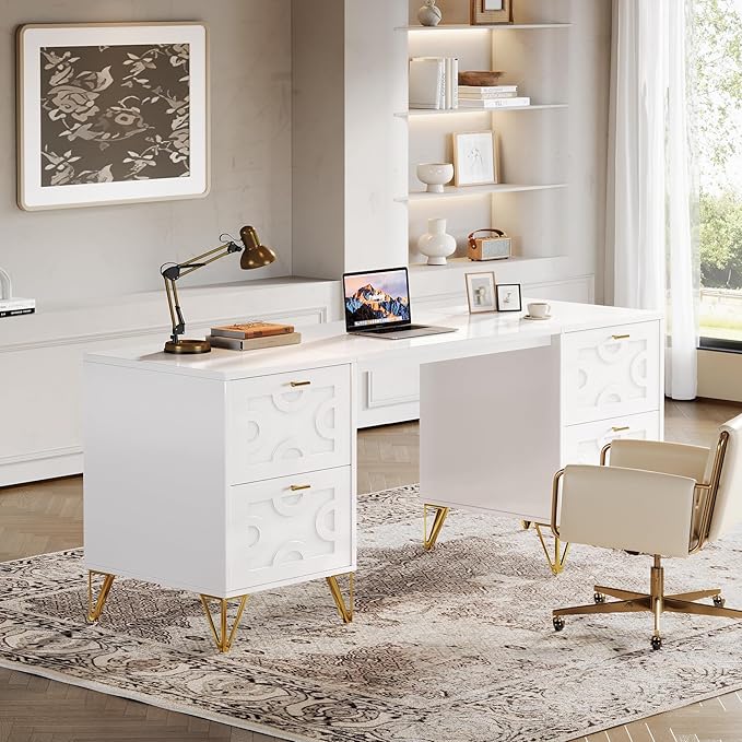 Tribesigns White Executive Desk 59 White and Gold Modern Desk with 4 File Drawers Luxury Writing Table Elegant Computer Office Table for Home Office Study Bedroom