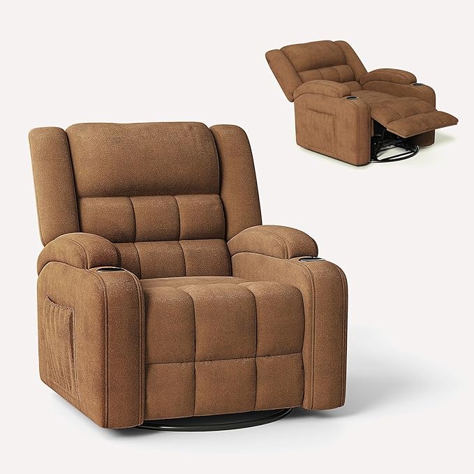 Furnimart 360° Swivel Rocker Recliner with Heat and Massage Manual Comfy Recliner Chair for Adult Chenille Glider Rocker Chaise Lounge for Living Room Bedroom Home Theater (Brown)