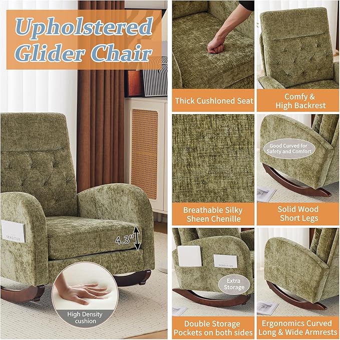 VINGLI Chenille Low Seat Rocking ChairUpholstered Nursery Glider Chair with Side PocketsAccent Arm Chair with High BackrestComfy Head RestSolid Woodfor Living Room Bedroom BalconyOlive Green