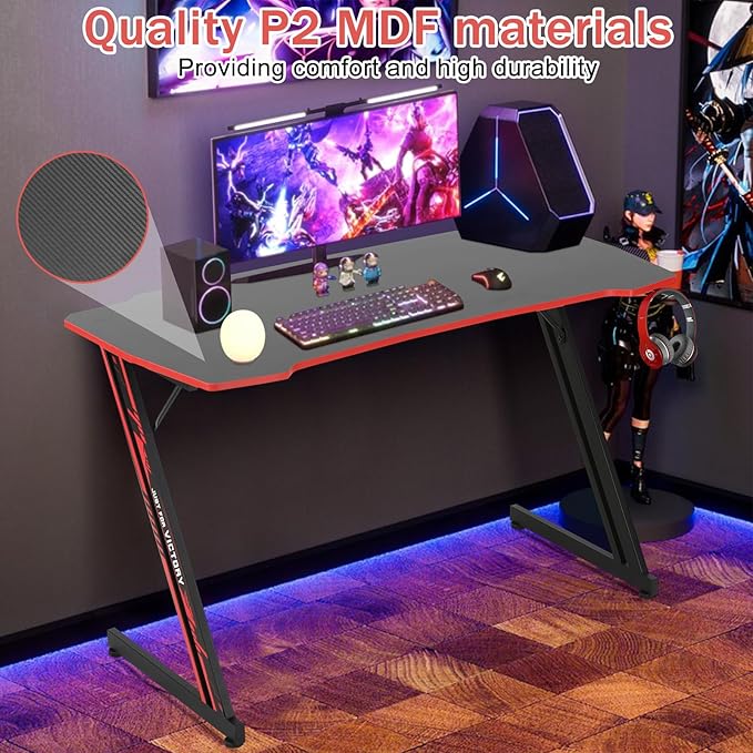 47 Inch Modern Gaming Desk for Home Office Z Shaped Computer Desk for Teen Large PC Gaming Table Adjustable Feet with Headphone Hook &amp PVC SurfaceRed