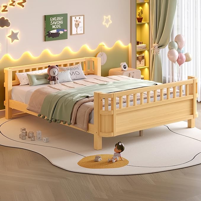 Bellemave Full Size Montessori Bed with Fence and Slats Full Size Low Platform Bed Frame with Detachable Side Bed Rails and Rounded Corner Design Easy Assemble Montessori Bed Natural