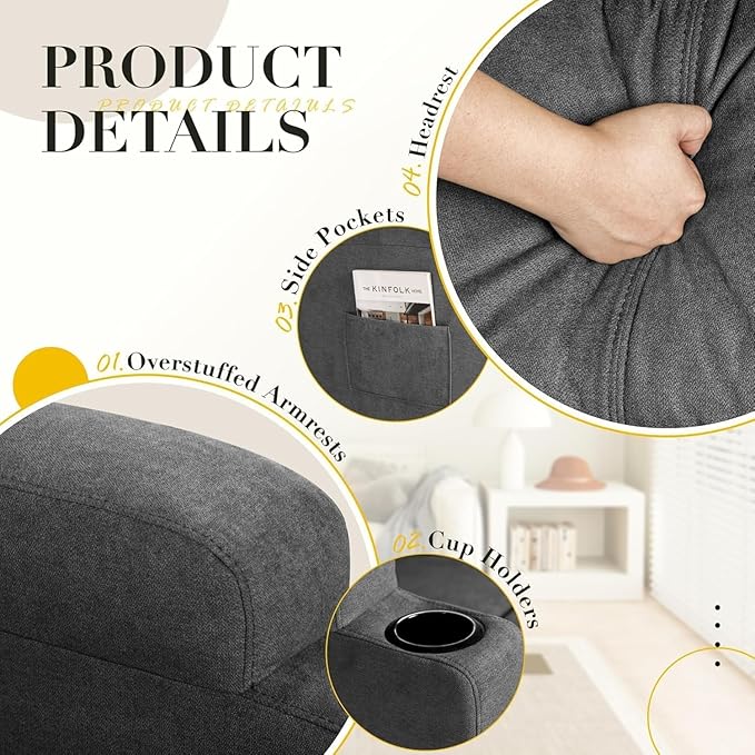 Recliner Chair 360° Swivel Rocker Chair for Adults Rocking Recliner Chair with Massage Comfy Single Sofa with Side Pockets Cup Holders for Living Room Bedroom Nursery (Fabric Dark Gray)