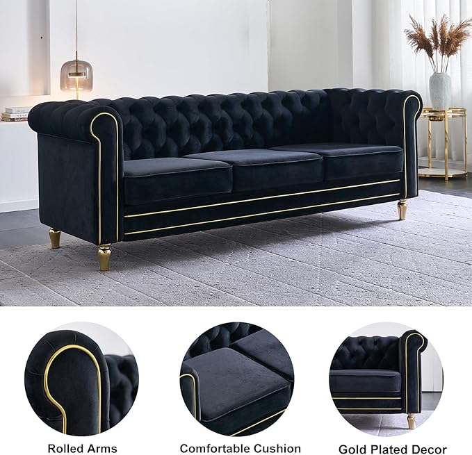 Homtique 84 Modern Couch for Living Room 3 Seater Comfy Velvet Sofa with Button Tufted Rolled Arms and Gold Legs Chesterfield Sofa for Home/Office Bedroom Black
