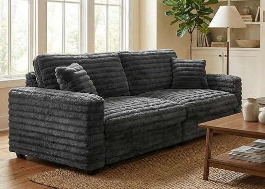 Plush Corduroy Loveseat Sofa Fluffy Love Seat Sectional Couch Oversized Deep Seat Sofa with 2 Pillows Apartment and Small Space Sofas Dark Grey