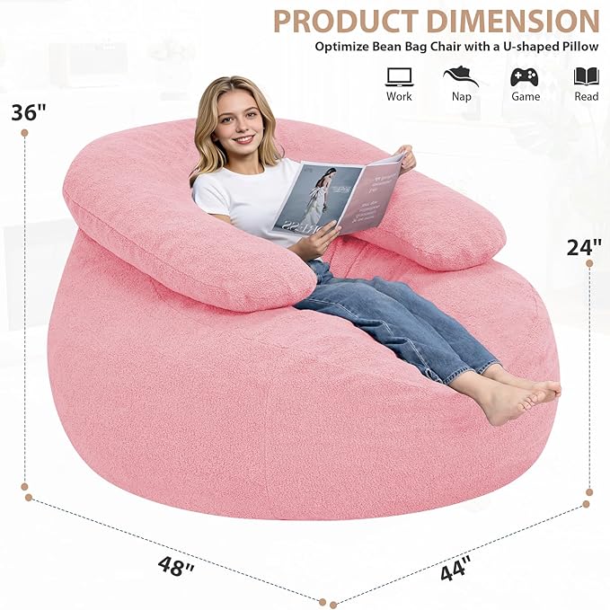 HABUTWAY Giant Bean Bag Chair Oversized Beanbag Chair with Filler Ultra Soft Teddy Fleece Bean Bag Lounge Floor Sofa w/U-Shaped Pillow for Gaming Reading Pink&amp Pink