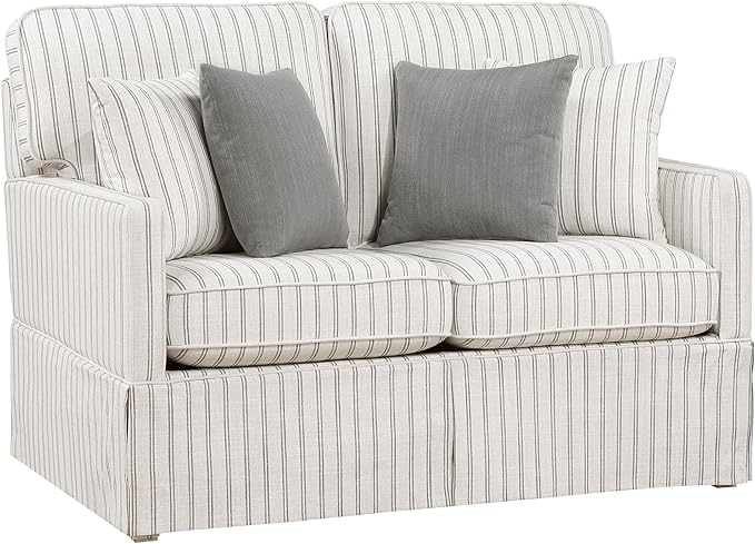 Lexicon Modern Sofa Couch for Living Room Sofas with Solid Wood Frame Square Arm and 4 Accent Pillows Small Couch for Bedroom/Living Room/Office/Apartment 2 Seater Couch White with Stripe