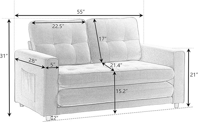 ERYE 55-Inch Loveseat Sofa with Pull Out Sleeper Couch Bed 3-in-1 Convertible Sleeper Sofabed W/Side Storage Pockets Modern 3 Fold Tufted Upholstered Pull Out Sofa Bed for Living Room Bedroom