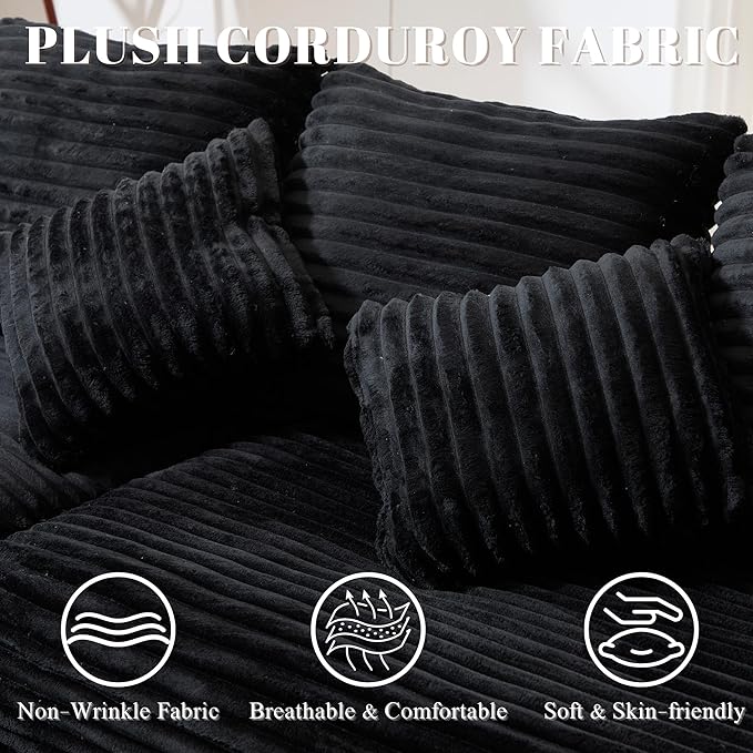 99 Cloud Modular Sectional CouchL-Shape Sofa Couch with Deep SeatModern Boneless Compressed Sofa with Chaise3 Seater Corduroy Couches for Living Room Bedroom No Assembly Required (Black)