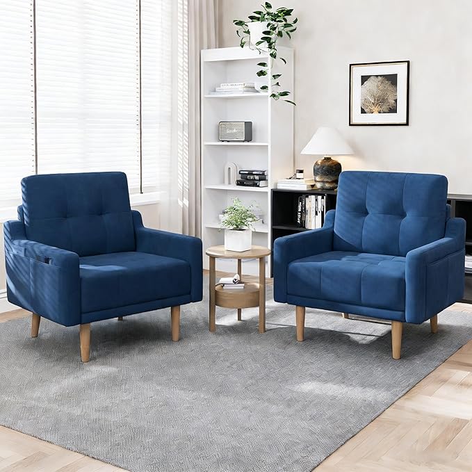 EJUNQ Mid Century Accent Chair Upholstered ArmchairComfy Reading Chair with Wood LegsModern Single Sofa Chair for Living Room Bedroom Small Spaces (2 Blue)