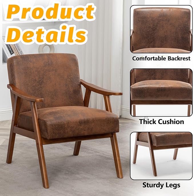 Mid Century Modern Accent Chair Upholstered Armchair Comfy with Wood Legs Siting Chair with Soft Cushion PU Leather Side Chairs for Living Room Bedroom Office (Microfiber Brown)