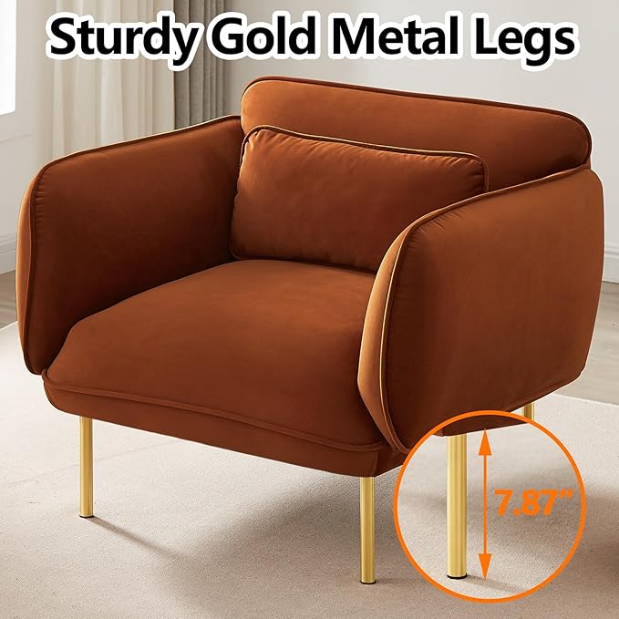 Oversized Accent Chair for Office Brown Side Chair &amp Soccasional Chairs for Living Room Comfortable Chair for BedroomVelve Club Chairs with Gold Legs Lumbar Pillow (Brown)