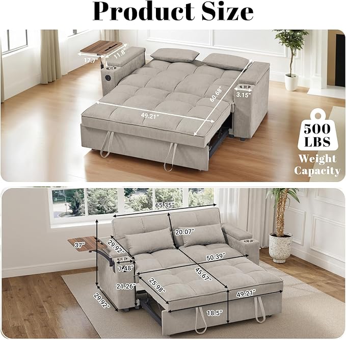 Rovibek 3 in 1 Sofa Bed 65 Inch Convertible Pull Out Couch with USB and Type-C Ports Loveseat Sleeper Bed with Small Table 3 Level Adjustable Backrest for Living Room Khaki