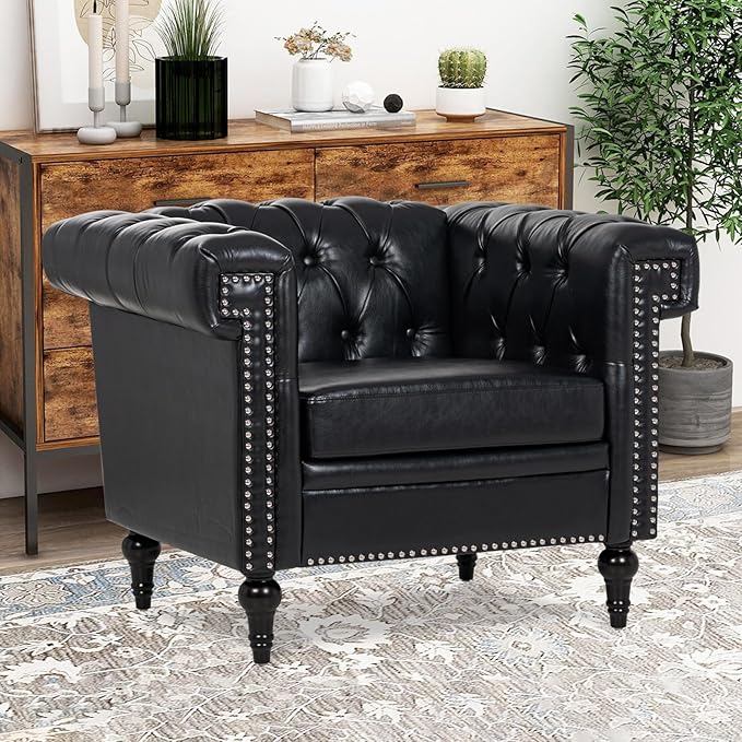 Modern Living Room Chairs Oversized Chesterfield Chair Black Faux Leather Tufted Arm Accent Sofa Chairs Deep Seat Comfy Classic Club Wingback Single Sofa Chair for Bedroom Office