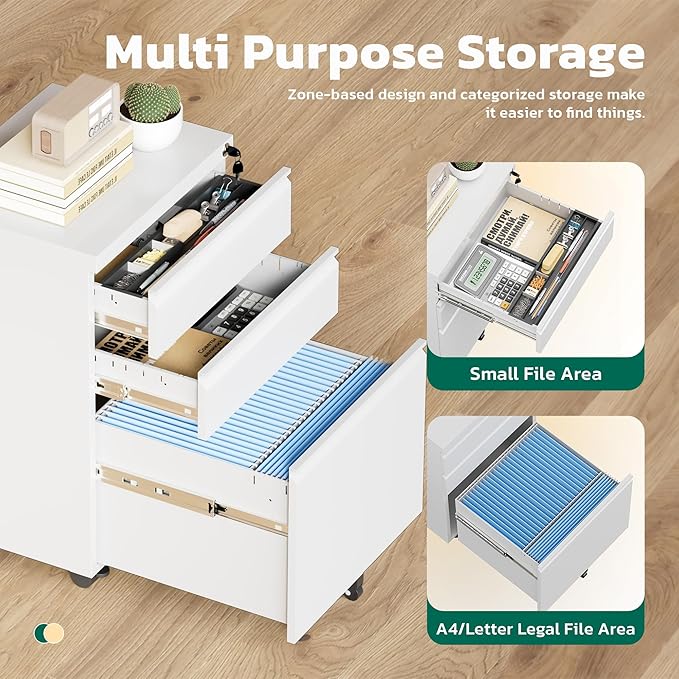Greenvelly 3 Drawer Mobile File Cabinet with Lock Fully Assembled Rolling File Cabinet Except Casters Under Desk File Cabinet with Wheels for Home Office Fit Legal/Letter/A4 File (Assembled White)