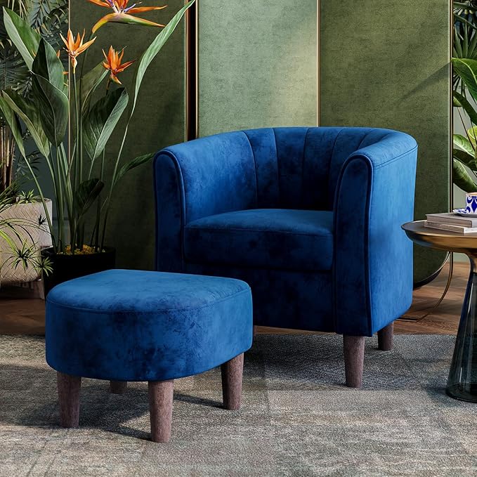LINSY Accent Chair with Ottoman Modern Barrel Chair Comfy Armchair Reading Chair with Footrest Round Arms Chair for Living Room Bedroom Reading Room Velvet Blue