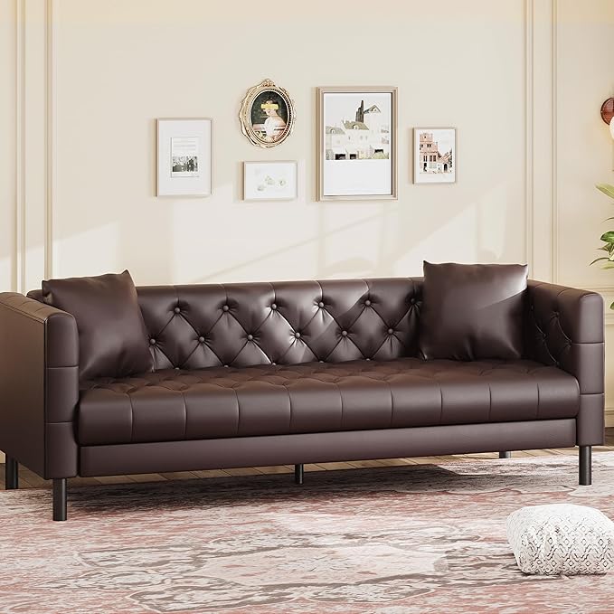 GAOMON 81 Leather Couch Handmade Button Tufted 3 Seater Sofa Chesterfield Sofa with Deep Seat and 2 Pillows Leather Sofa for Living Room Apartment Office Dark Brown