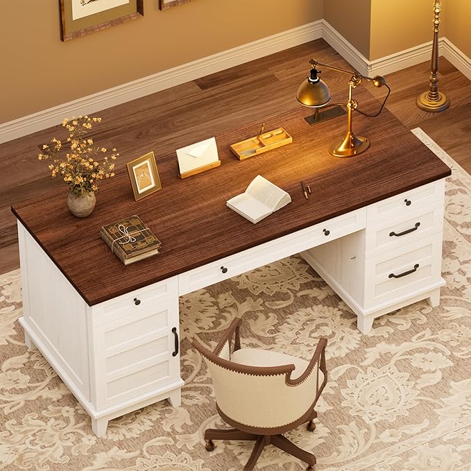 60 Executive Desk with Power Outlet Home Office Desk with Drawers Wooden Work Desk with File Cabinet Computer Desk for Work Study Writing White and Brown