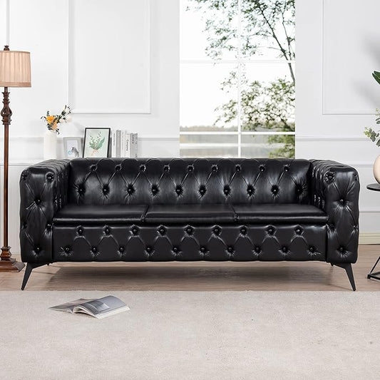 84.06 Upholstered Chesterfield Couch Modern 3 Seater Sofa with Tufted Back and Square Arms Wood Leg Nailhead Sofa for Living Room/Office/Apartment/Small Space Black