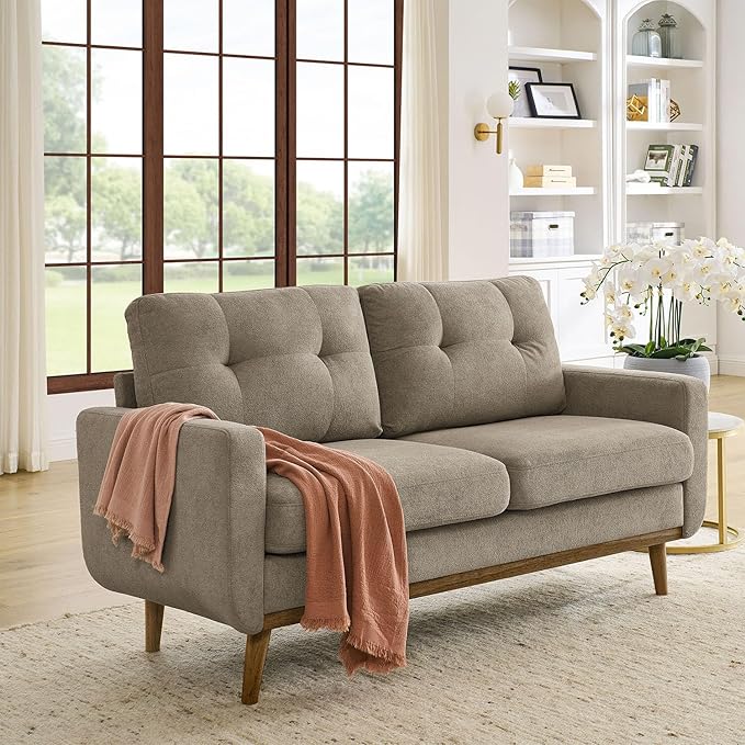 67.7 Mid-Century Modern Loveseat Sofa 2-Seat Mini Upholstered Love Seat Couch Comfy Small Couch with Wooden Legs and Tufted Back for Living Room Bedroom Office Apartment(Khaki)