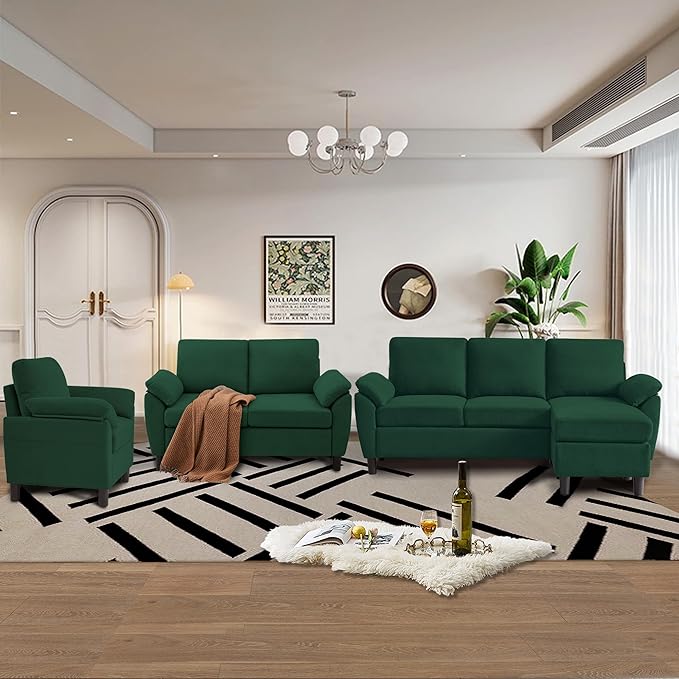 3 Pieces Sectional Sofa Set 79 Modern L Shaped Couch &amp 57 Loveseat &amp 35 Accent Chair Linen Upholstered Sofa Set with Movable Ottoman Couches for Living Room Apartment Green