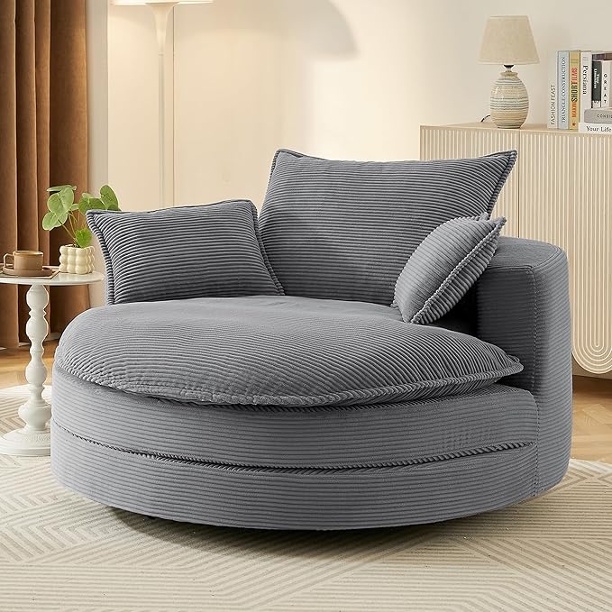 Eafurn 57.5 Oversized Swivel Barrel Chair with Dual-Layer Cloud Cushion Modern Corduroy Accent Round Chair for Living Room 360° Rotating Lounge Armchair with 3 Pillows for Bedroom &amp Reading Noo