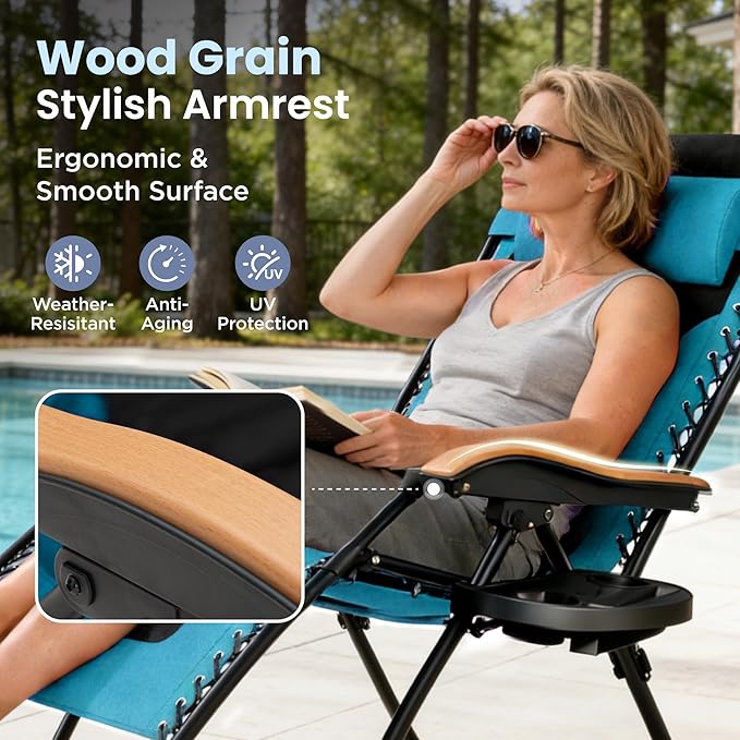 PHI VILLA XXL Oversized Padded Zero Gravity Chair Foldable Patio Recliner 30 Wide Seat Anti Gravity Lounger with Cup Holder Support 400 LBS (Aqua)