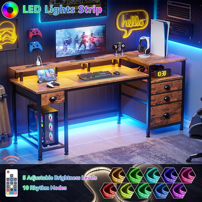 Furologee 60 Computer Desk with File Cabinet and Storage Shelves Reversible Home Office Desk with LED Lights Full Monitor Stand Power Outlets Study Gaming Table with 4 Drawers Rustic Brown
