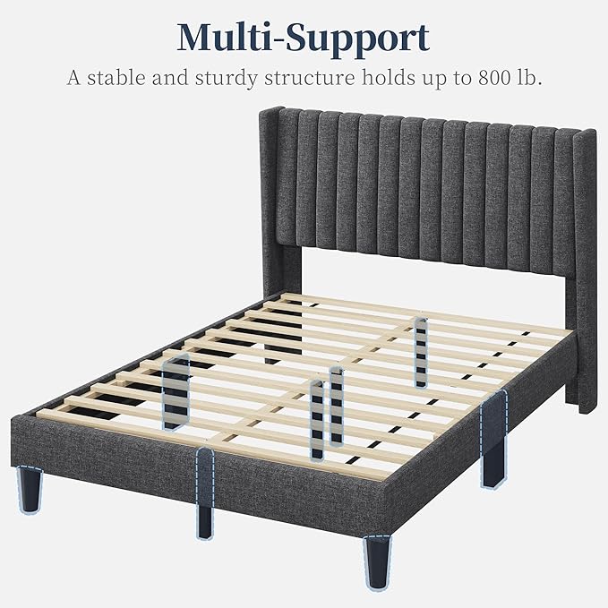 Yaheetech Full Bed Frame Upholstered Platform Bed with Fabric Headboard Wing Edge Design/Non-Slip and Noise-Free/Wooden Slats Support/No Box Spring Needed/Easy Assembly Dark Gray Full Bed