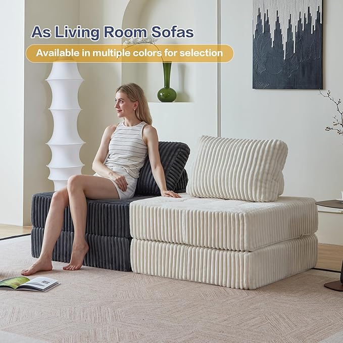 Convertible Floor Chair Bed Foldable Foam Sofa Mattress with Support Pillow Lightweight Single Fold Out Sleeper for Apartments Dorms (Beige Corduroy)
