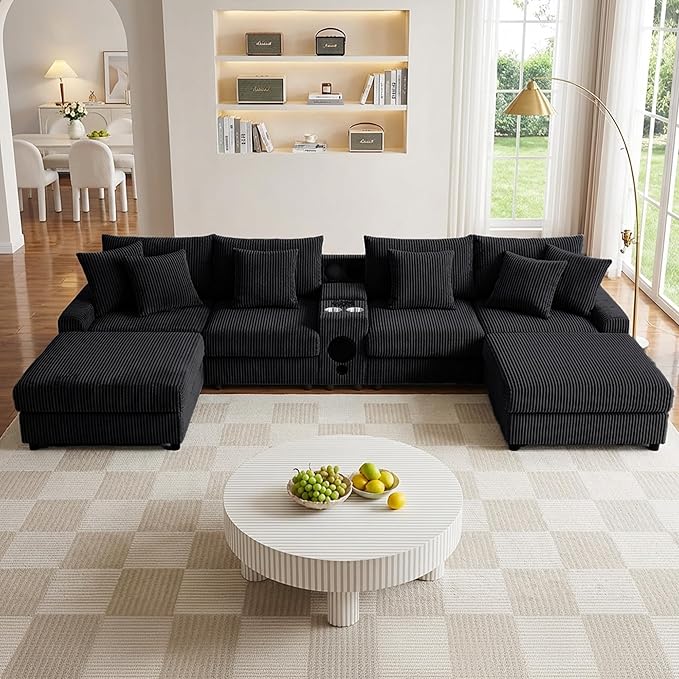 144 Corduroy U-Shaped Sectional Sofa w/Speakers &amp USB Charging Comfy Reclining Deep Seat Couch w/Ottoman Cup Holders for Living Room Home Theater (Black 144in)