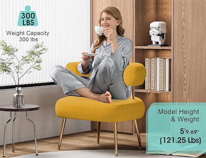 Modern Velvet Accent Chair Round Upholstered Barrel Armchair for Small Spaces Fluffy Side Corner Sofa Chair for Living Room Bedroom(Yellow)