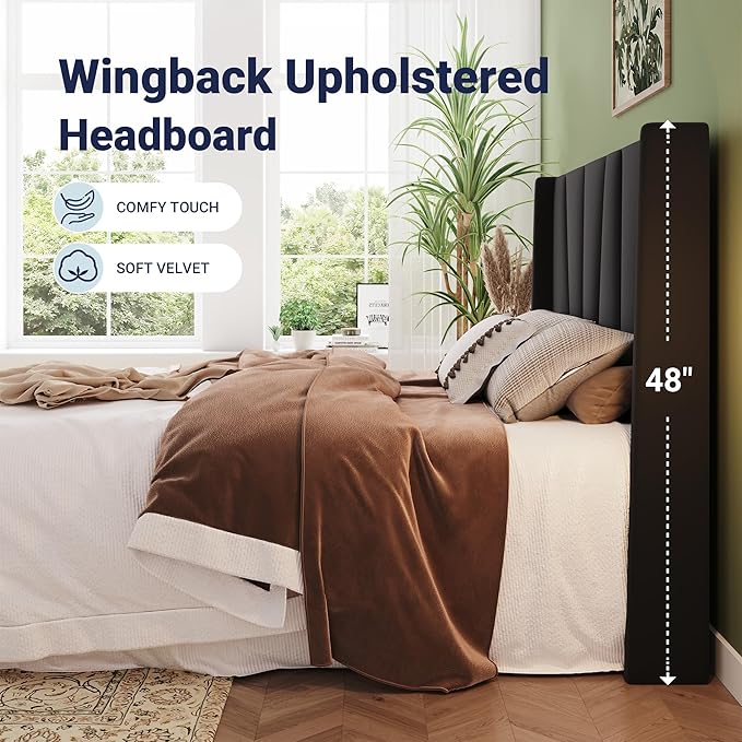 Allewie Queen Size Platform Velvet Bed Frame with Geometric Wingback Headboard Boho Upholstered Bed with Wooden Slats Support No Box Spring Needed Easy Assembly Black