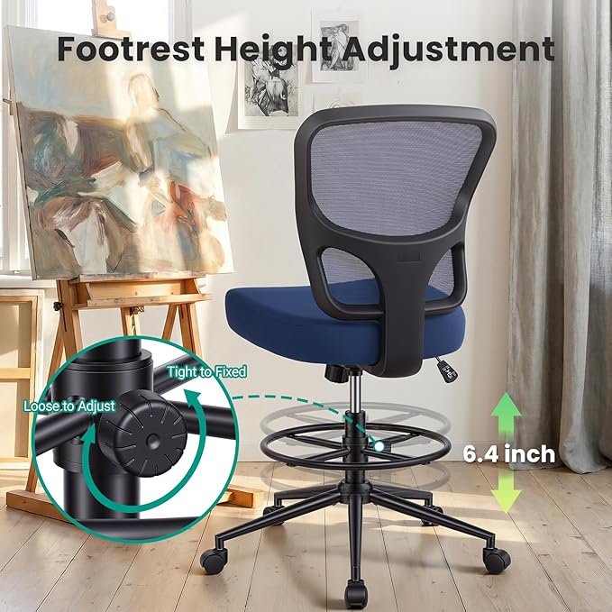 Armless Drafting Chair Tall Office Chair for Standing Desk - Adjustable Height Mesh Ergonomic Drafting Stool with Foot Ring &amp Wheels Rolling Counter Height Computer Chair for Home Office