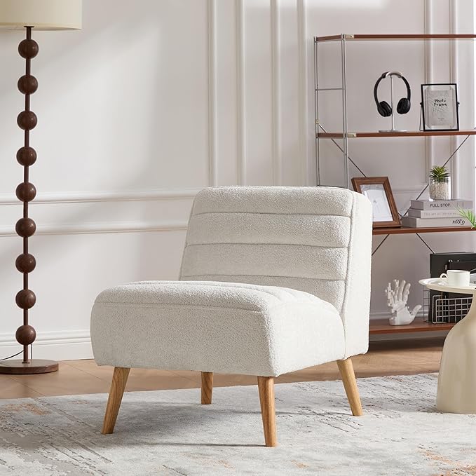 GDFStudio 24.4 Wide Modern Accent Chair Armless Upholstered Lounge Chair with Chenille Fabric &amp Rubber Wood Legs Compact Space-Saving Design for Living Room Bedroom Office - Ivory