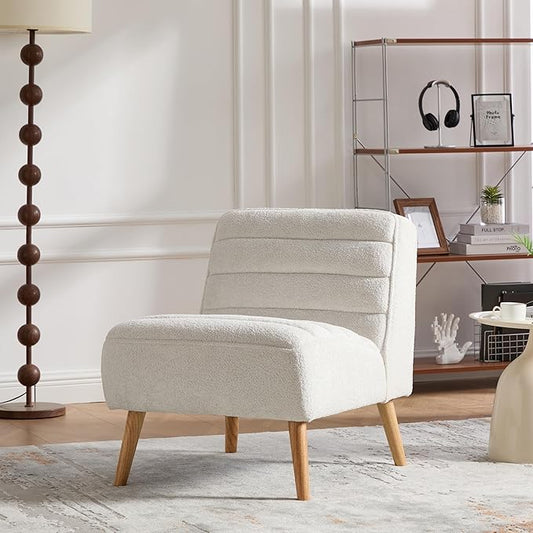 GDFStudio 24.4 Wide Modern Accent Chair Armless Upholstered Lounge Chair with Chenille Fabric &amp Rubber Wood Legs Compact Space-Saving Design for Living Room Bedroom Office - Ivory